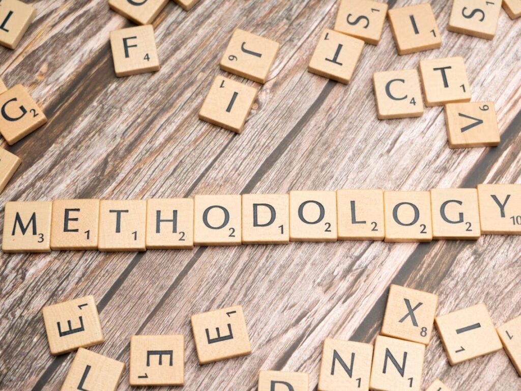 The word methodology spelled out with scrabble tiles